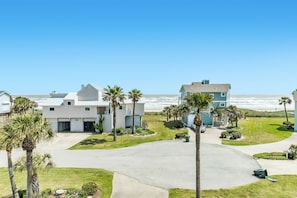 Zona residencial com casas, palmeiras e vista para o mar.