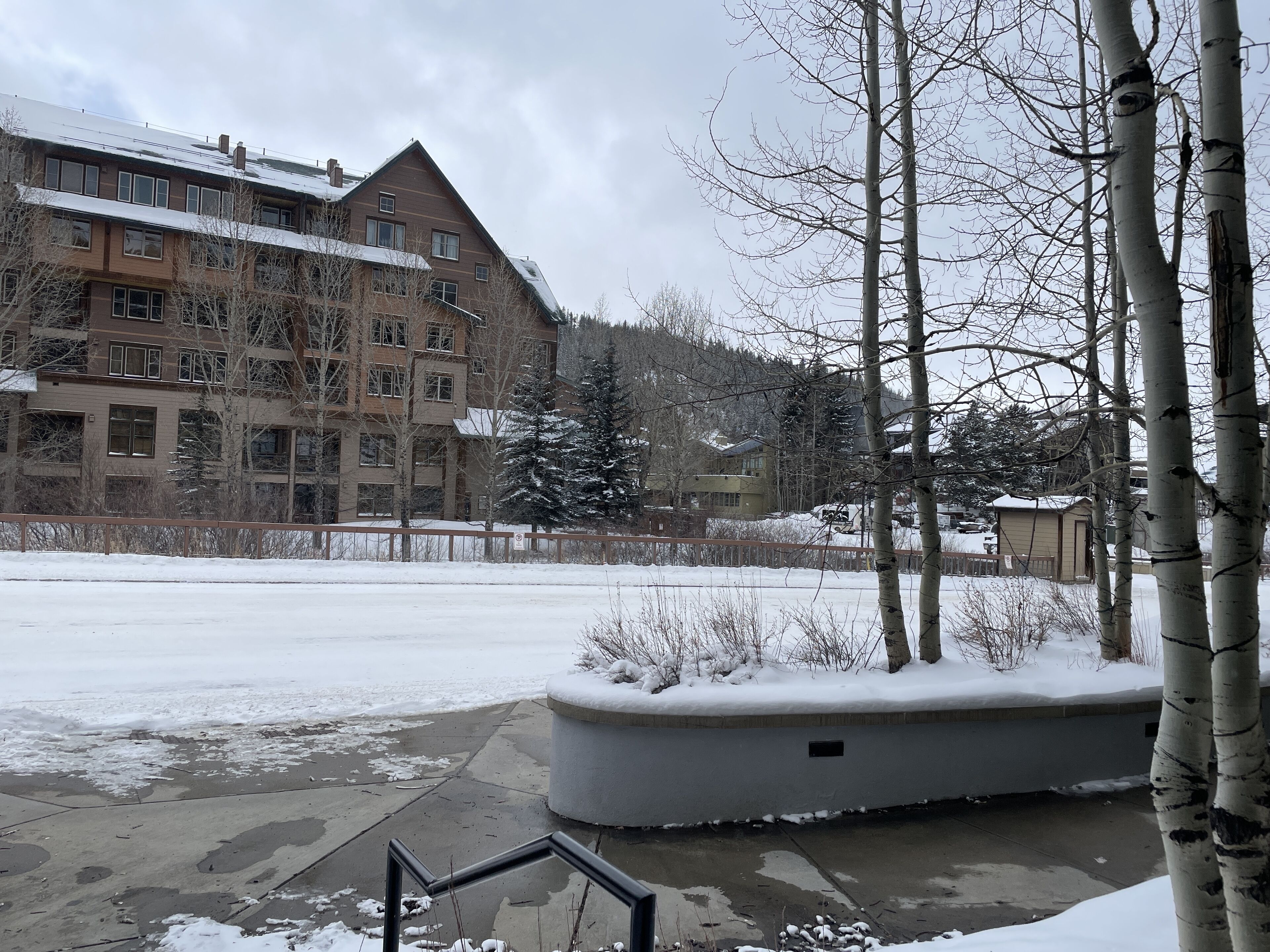 Un edificio de varios pisos con techo nevado y un amplio patio con una jardinera cubierta de nieve.