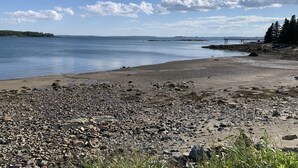A rocky beach with calm water, a distant forest, and a clear sky.