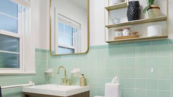 Shower, hair dryer, bathrobes, towels