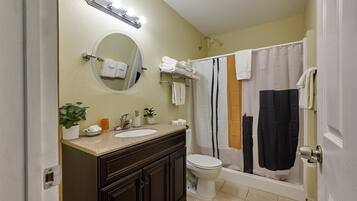 Shower, hair dryer, towels, shampoo