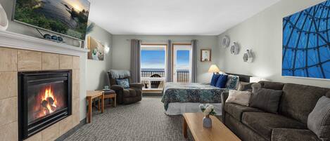 Télévision, cheminée, lecteur de DVD