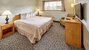 Une chambre d’hôtel avec un lit, des tables de chevet, une télévision, un bureau et une fenêtre.