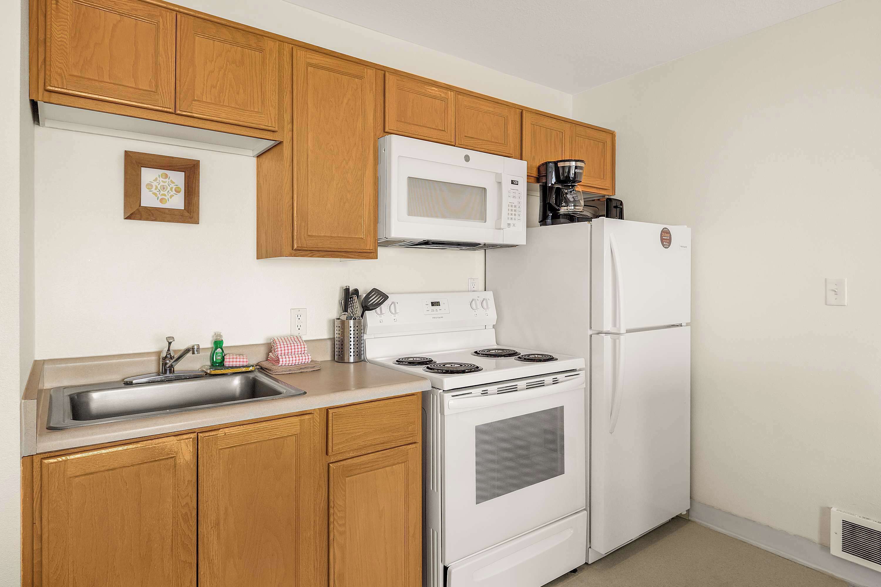 大型冷蔵庫、電子レンジ、オーブン、コンロ