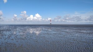 A beach with a lighthouse in the distance, calm water, and a clear sky. - Danish coziness on the Wadden Sea - family and dog friendly. (Jade)