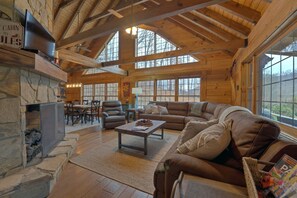 TV, caminetto, libri