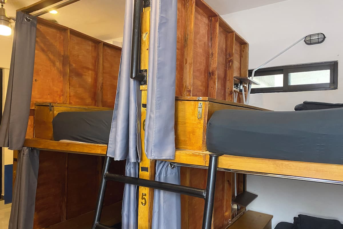 Ein Schlafraum mit Etagenbetten, einer Leiter, Holzwänden, einem Fenster und einer Deckenleuchte.