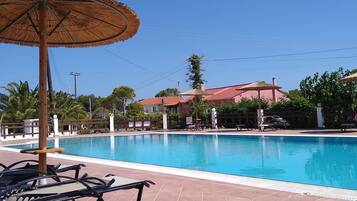 Seasonal outdoor pool, pool umbrellas, pool loungers