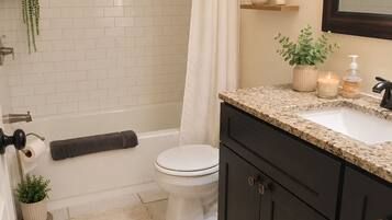 Combined shower/tub, bidet, towels, soap