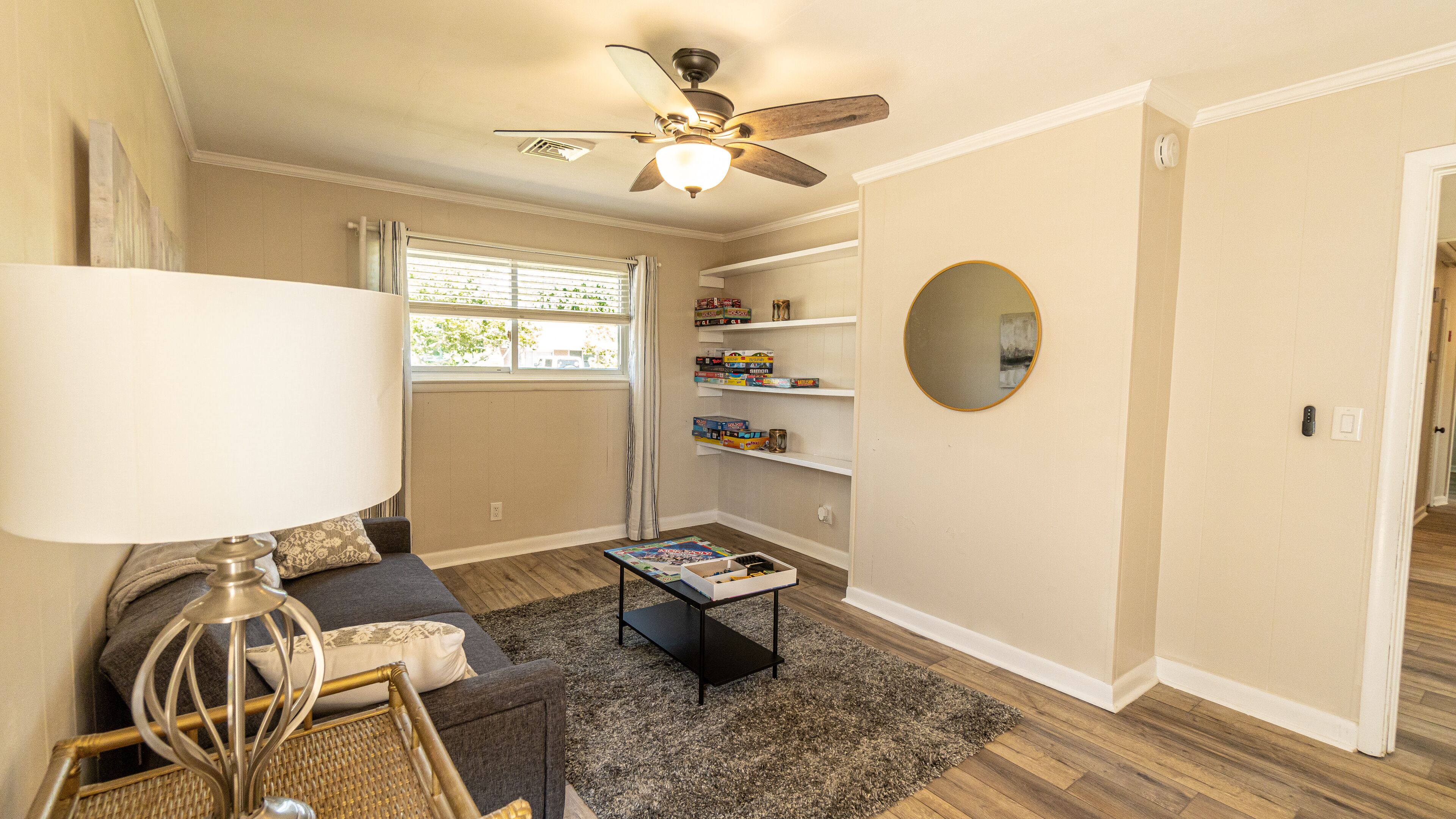 Smart TV, fireplace, books