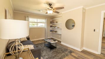 Smart TV, fireplace, books