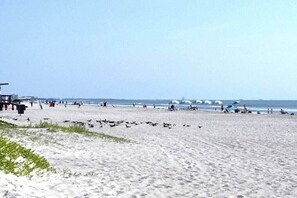 A beach with people and umbrellas.