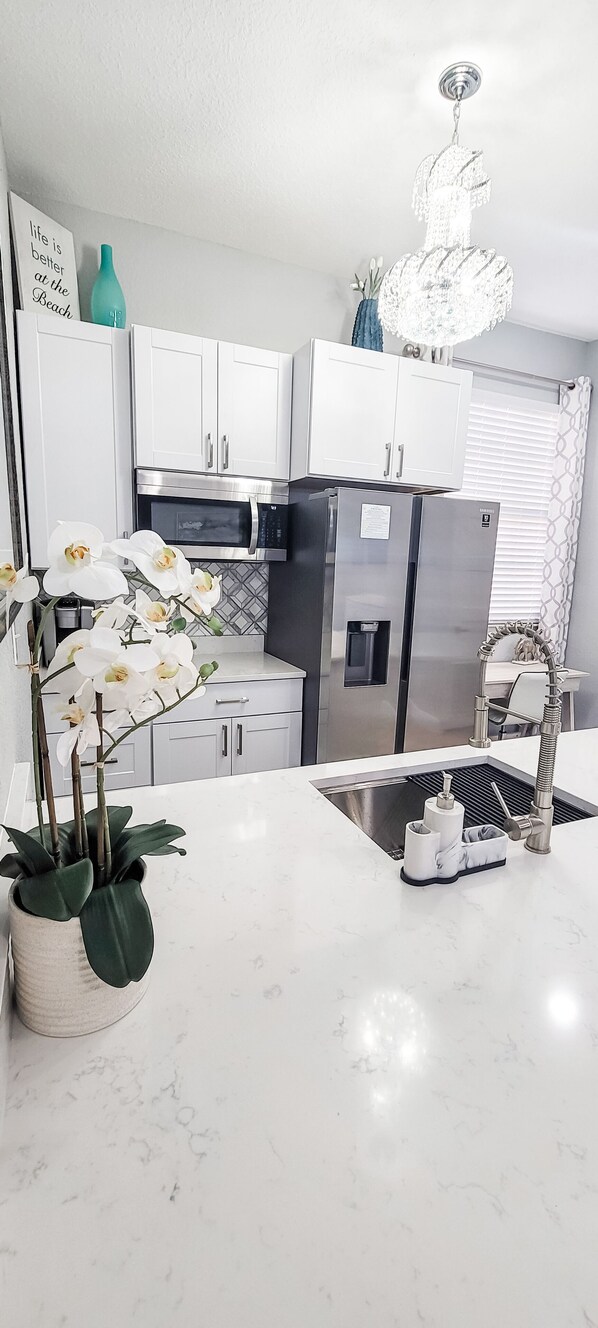 Réfrigérateur, micro-ondes, lave-vaisselle, cafetière/bouilloire