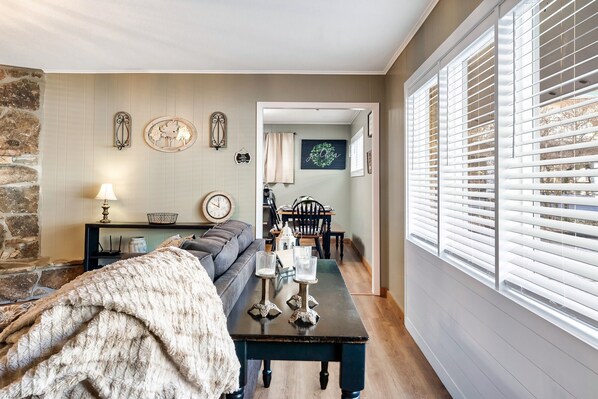 A cozy living room with a sofa, a coffee table, and a dining area with a table and chairs.
