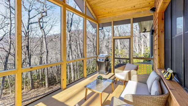 A spacious room with large windows, a wooden ceiling, wicker furniture, and a grill outside. - Little Bee Woods (Swannanoa)