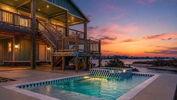 A pool area with a wooden deck and a view of the sunset. - Luxury Lake Retreat w/ Pool, Spa, Kayaks & Views! (Rockport)