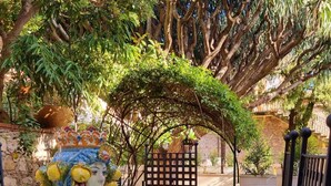 A tiled outdoor patio with a decorative table centerpiece, surrounded by lush greenery and a stone wall. - In the heart of the town (Taormina)