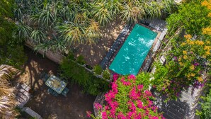 An aerial view of a garden with a swimming pool, surrounded by lush greenery and flowering plants. - In the heart of the town (Taormina)