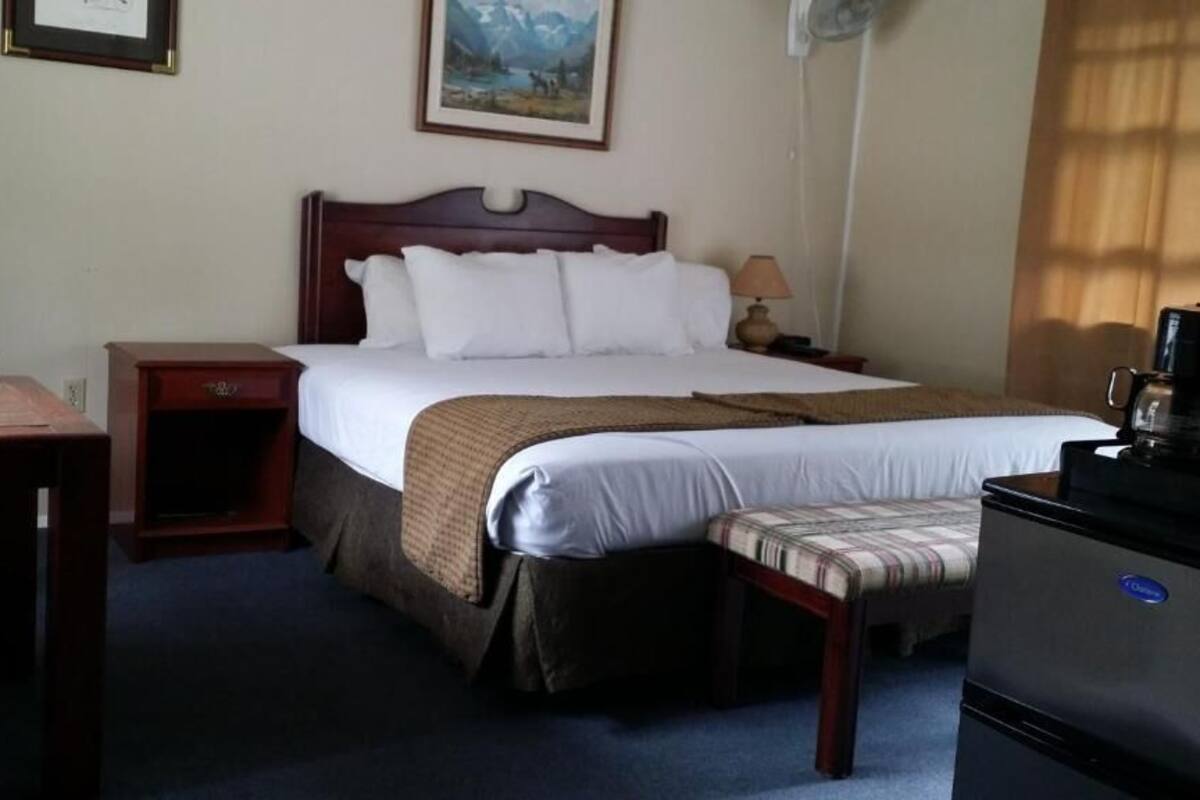 A hotel room with a bed, bedside table, lamp, coffee maker, and a chair.