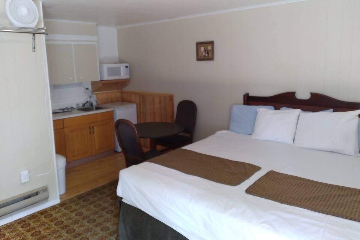 A hotel room with a bed, a desk, a chair, a microwave, and a small kitchenette.