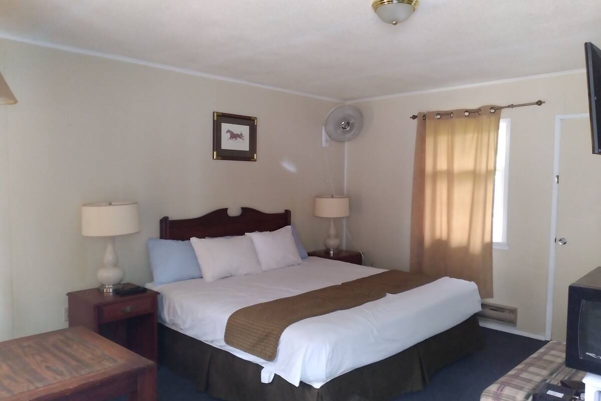 A hotel room with a bed, bedside lamps, a television, a small table, and a window with curtains.