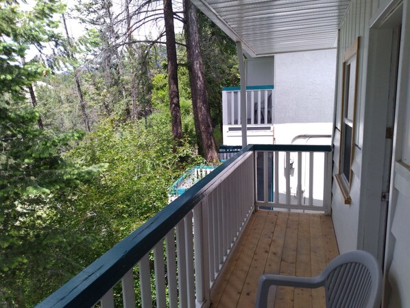 A wooden deck with a white railing, overlooking a forested area.