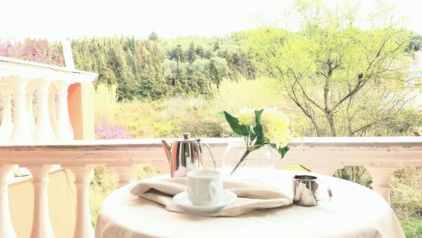 A table set with a teapot, cup, saucer, and a vase of flowers on a balcony with a view of trees and hills. - Corfu Escape Three (Corfu)