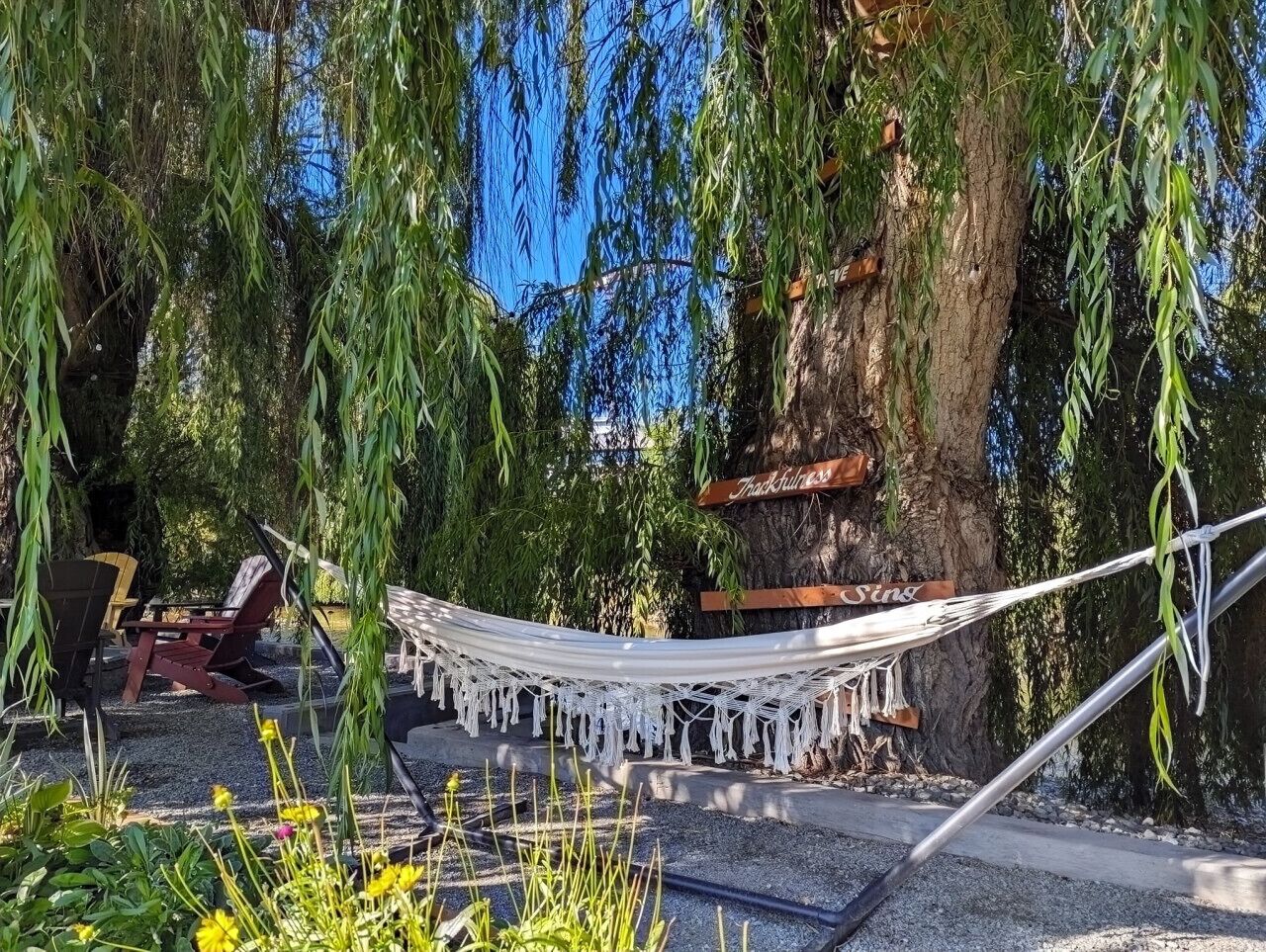 Una hamaca atada entre árboles, sillas de madera y un letrero que dice 'Tranquility Sings'.