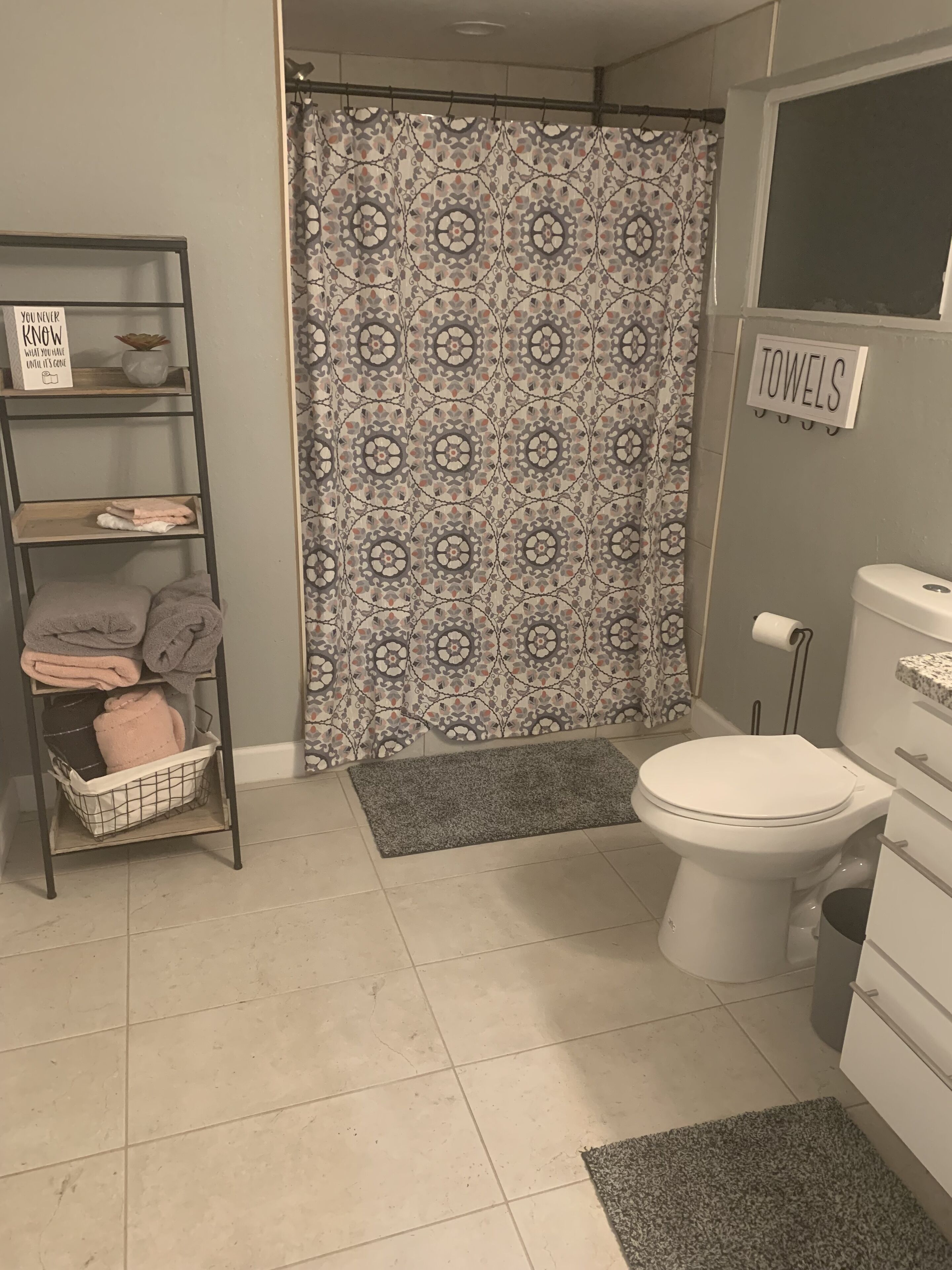 Een douche, een haardroger, handdoeken, toiletpapier