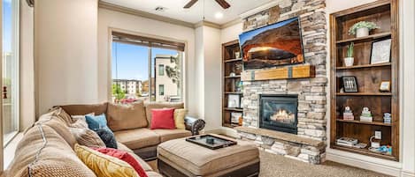Smart TV, fireplace, DVD player