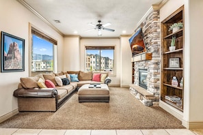 Télévision, cheminée, lecteur de DVD