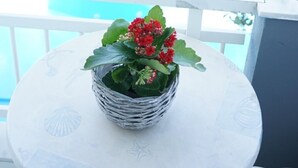 A small round table with a white tablecloth and a woven basket containing red flowers. - Rodi blue (Malevizi)