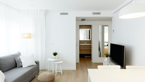 A modern living room with a grey sofa, a small round table with a plant, a white TV stand, and a wooden floor. - Beautiful Loft Area Santiago Bernabeu Madrid (Madrid)