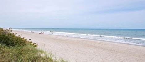 En la playa, camastros y toallas de playa 