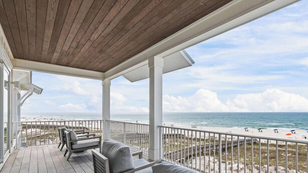 A covered deck with a view of the beach and ocean. - Ocean Edge 9 | Beach Front, Plunge Pool, Boardwalk | Paradise Found by Kaiser (Orange Beach)