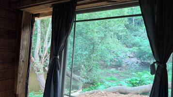 A room with a large window, wooden walls, and curtains tied back to reveal a view of a forested area.