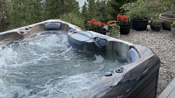 Un jacuzzi rodeado por una terraza con plantas en macetas, con vista a un lago y montañas boscosas.