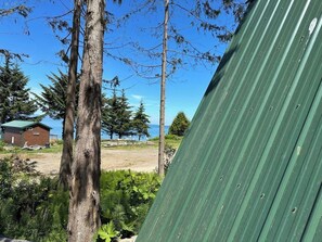 A rustic cabin with a dirt path leading to a wooden structure, surrounded by tall trees and a clear blue sky. - A-frame Shelter (T16) Oceanview Olympic Peninsula (Port Angeles)
