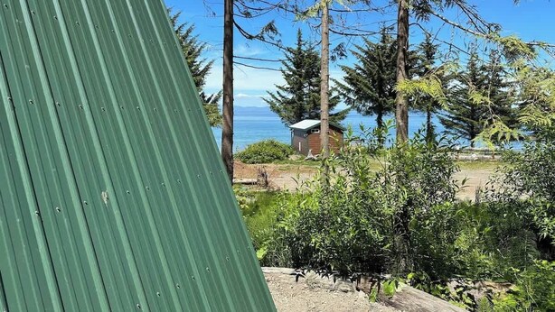 A green metal structure, a small wooden cabin, and tall trees with a clear blue sky. - A-frame Shelter (T16) Oceanview Olympic Peninsula (Port Angeles)