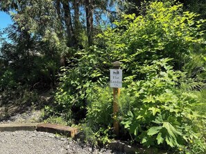 A signpost with the text "Flatlander T-16" in a natural setting with dense foliage. - A-frame Shelter (T16) Oceanview Olympic Peninsula (Port Angeles)