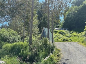 A gravel road curving through a forested area with a metal gate and a building in the background. - A-frame Shelter (T16) Oceanview Olympic Peninsula (Port Angeles)