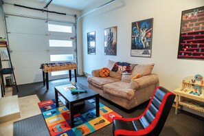 Smart TV, fireplace, video games, foosball