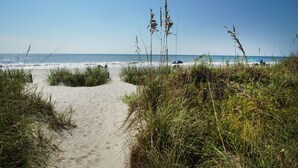 A sandy beach path leading to the ocean with tall grasses on either side. - Fantastic, budget-friendly option for your next beach vacation (North Myrtle Beach)