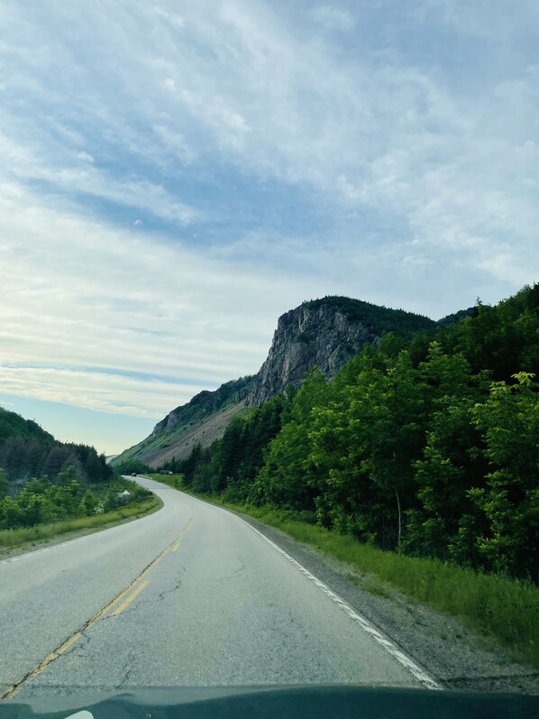 A winding road through a mountainous area with lush greenery and a rocky cliff.