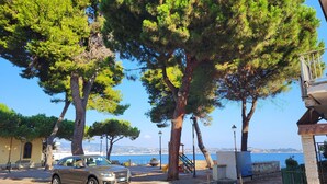 Eine Küstenstraße mit einem geparkten Auto, Bäumen und Blick auf das Meer.
