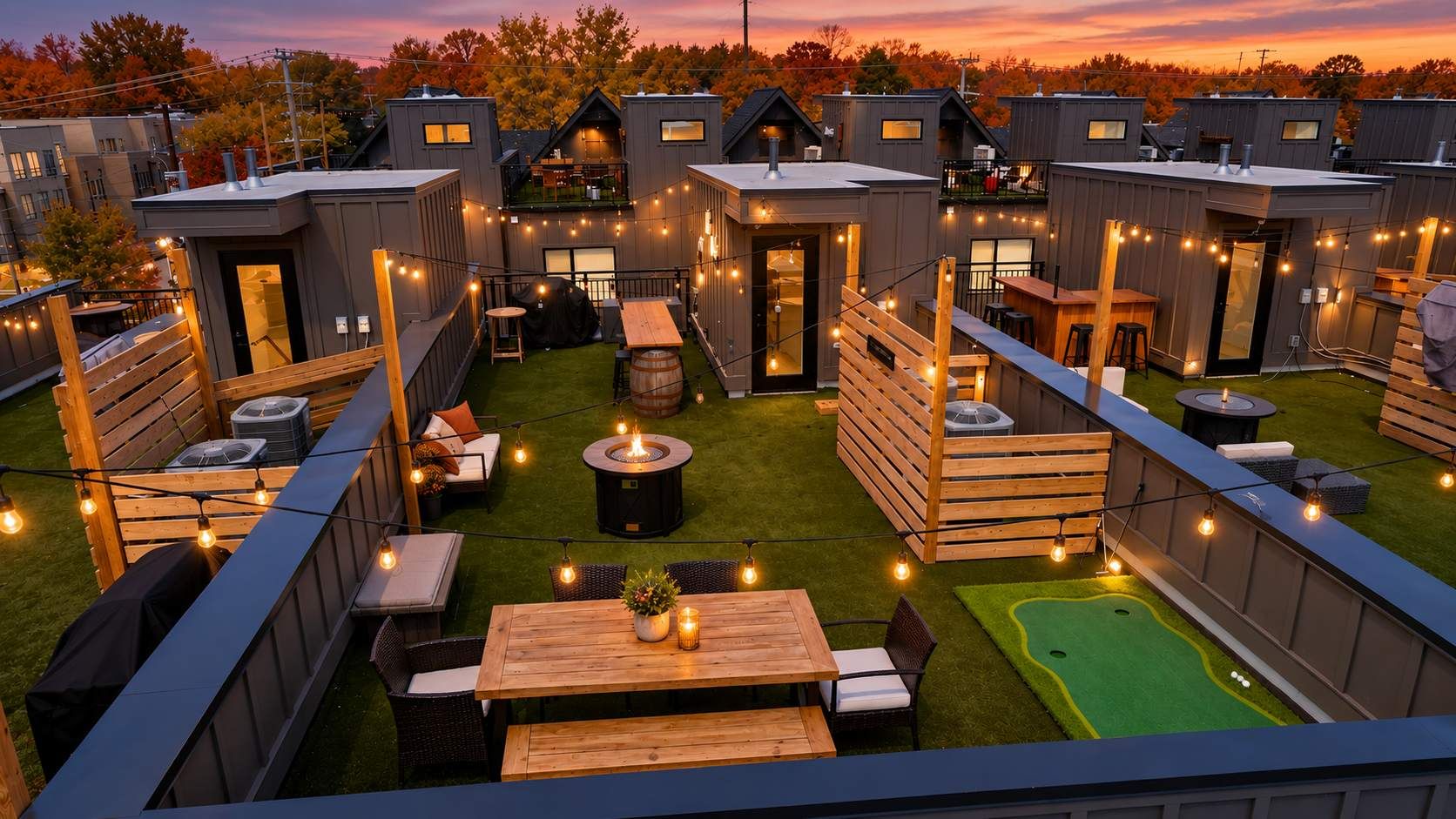 A rooftop patio with multiple seating areas, a fire pit, and string lights.