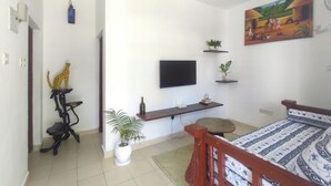 Una stanza con un letto, una scrivania, una sedia, una TV e due piante in vaso.