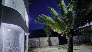 Un edificio moderno con una facciata curva e una palma in primo piano.