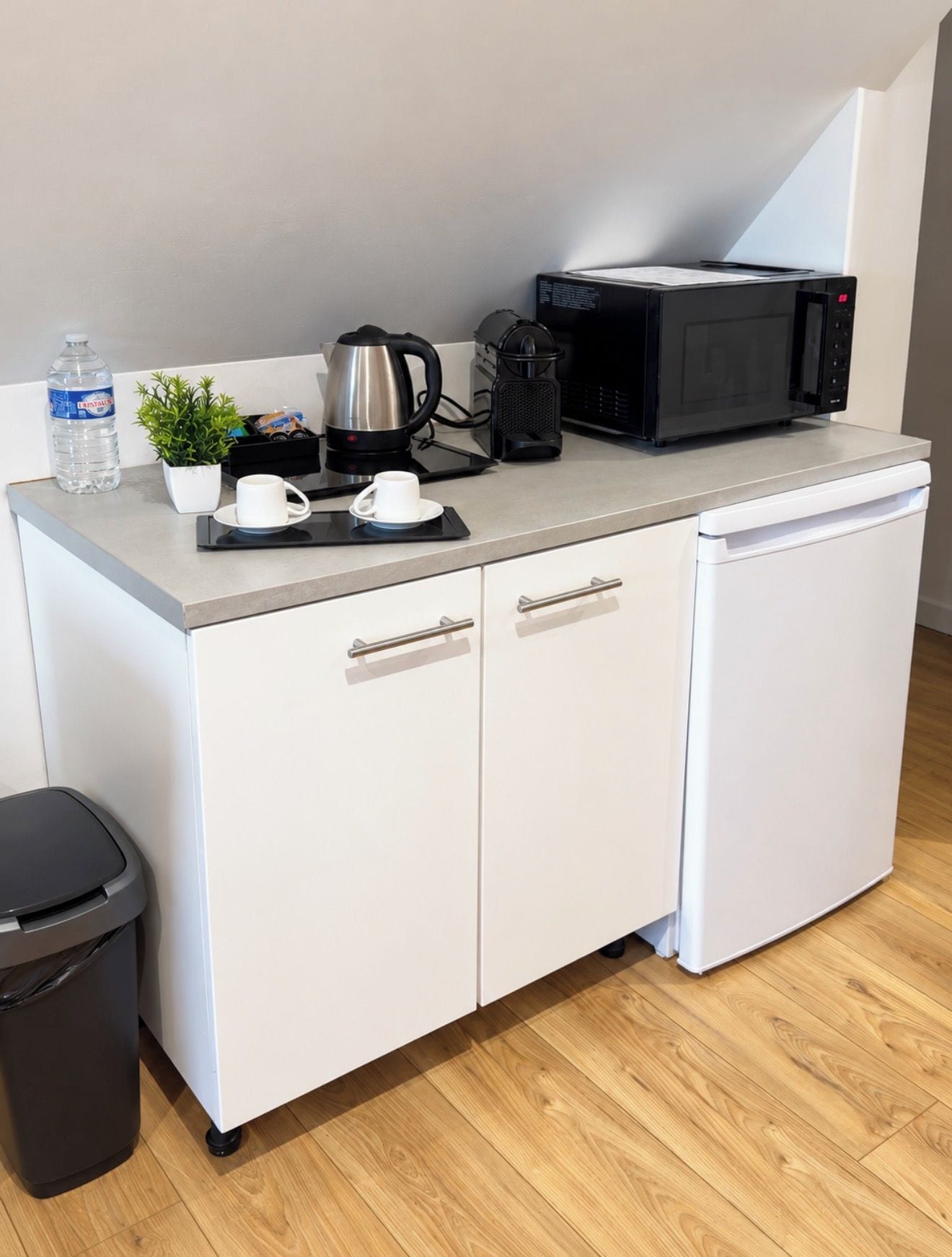 A compact kitchenette with a coffee maker, kettle, microwave, and a small potted plant.