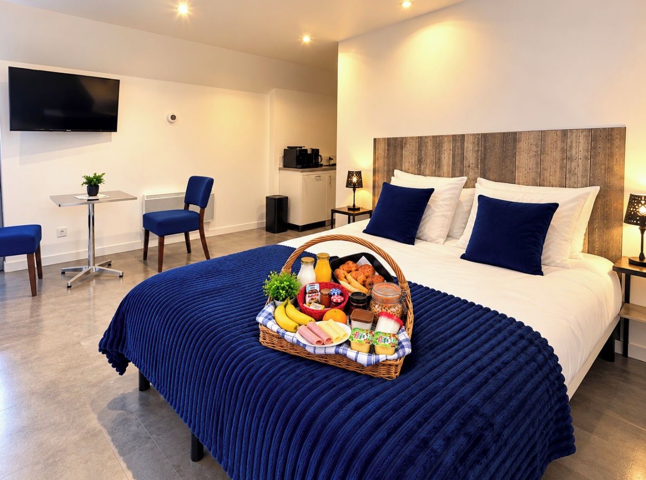A hotel room with a large bed, a bedside table with a lamp, a small desk with a chair, and a television mounted on the wall.